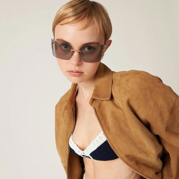 NEW Miu Miu MU54YS 5AK30B Gold Light Grey Wraparound Rimless Women Sunglasses main image 5